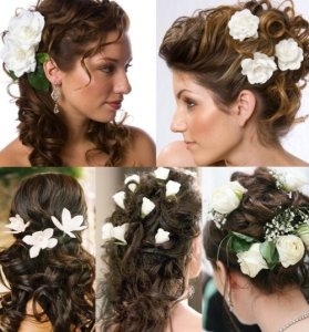 curly wedding hairstyle with flowers